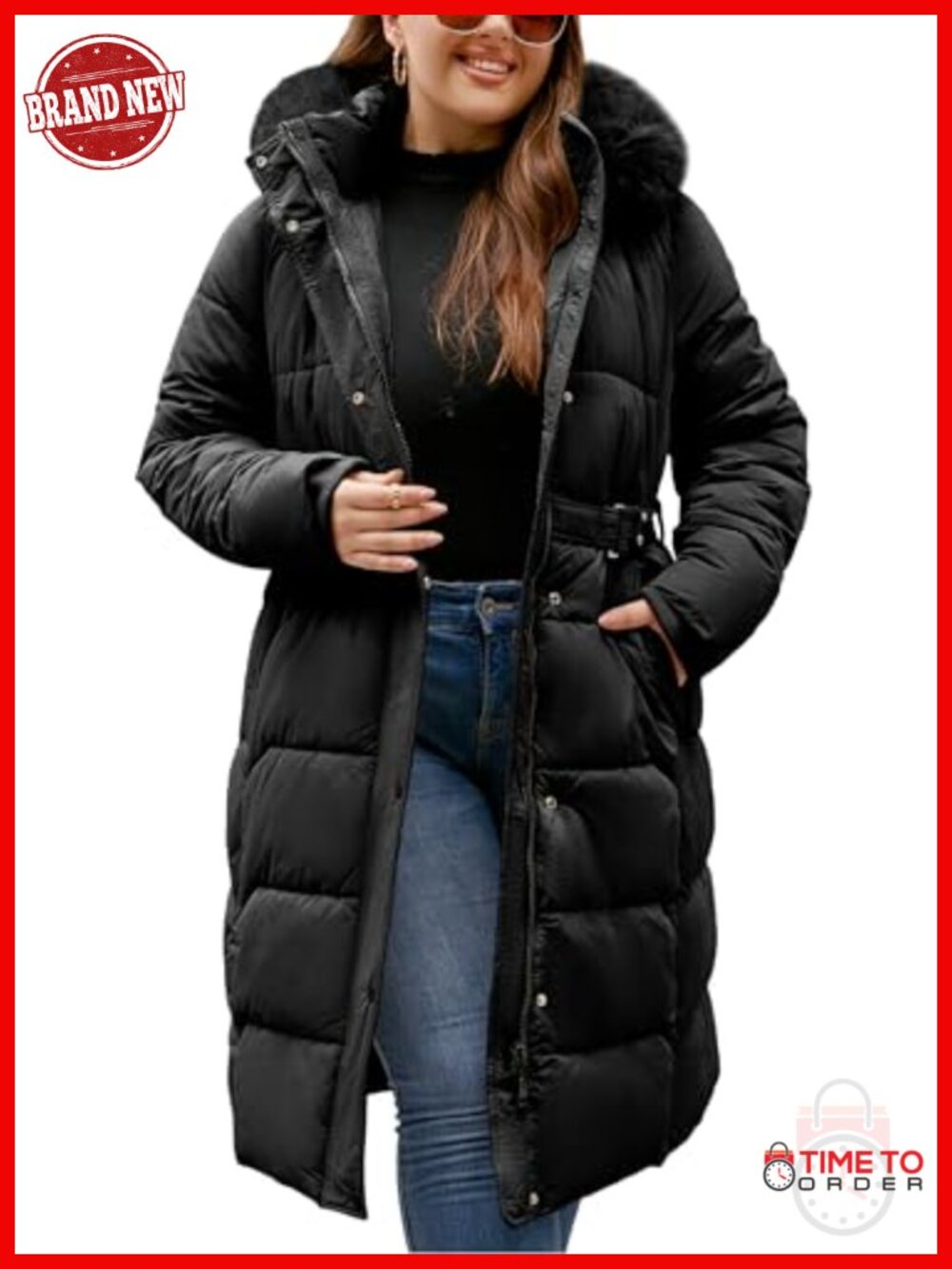 Plus Size Women's Winter Quilted Puffer Coat with Faux Fur Hood, 1X-5X